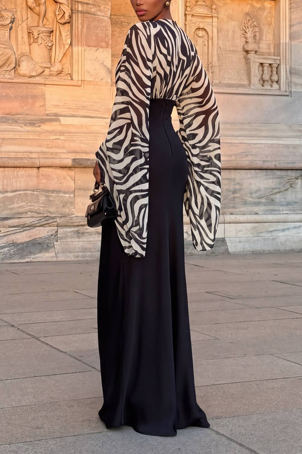 Zebra Print Batwing Sleeve V‑Neck Waist Corset Mermaid Maxi Dress