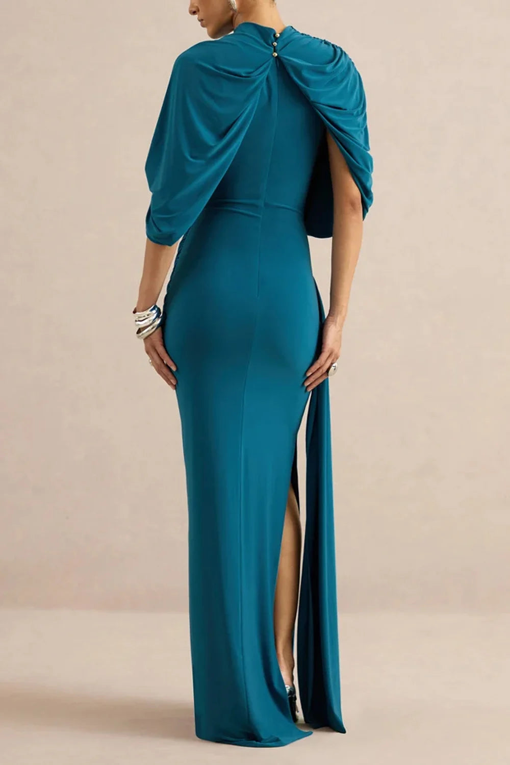 High Neck Draped Cape Asymmetric Ruched Maxi Dress with Slit [erp-image:87b026b1e92aa284502383c9]