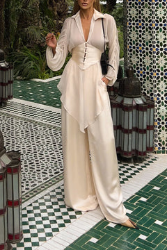 Ivory Sheer Blouse Corset Waist and Wide Leg Pants Two Piece Set