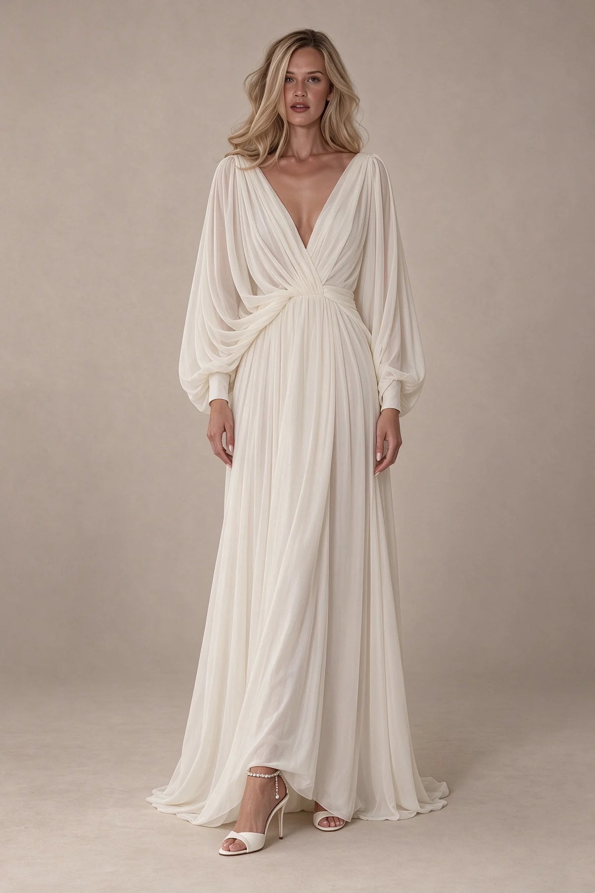 Deep V-Neck Long Sleeve Chiffon Ruched A-Line Maxi Wedding Dress [erp-image:d80c691e2b22b1a0b7952384]