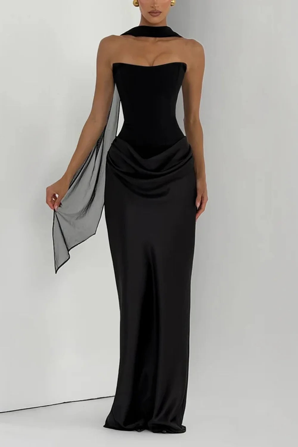 Strapless Corset Draped Satin Maxi Dress with Chiffon Neck Scarf