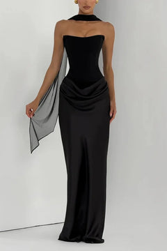 Strapless Corset Draped Satin Maxi Dress with Chiffon Neck Scarf