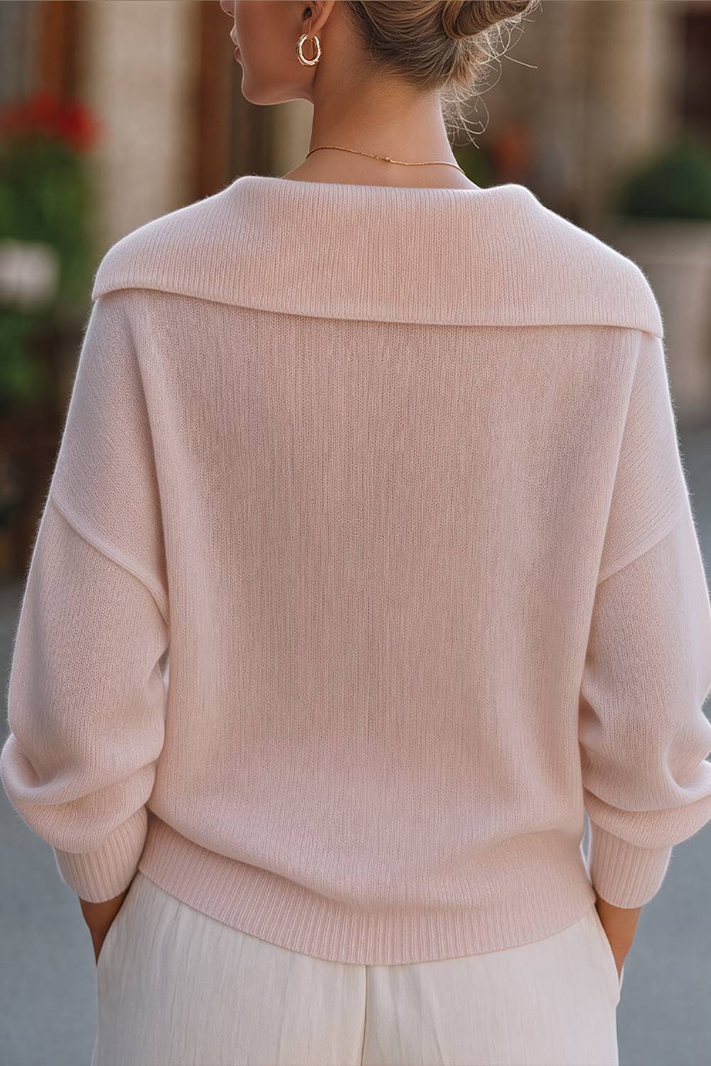 Wide Fold Over Collar V Neck Drop Shoulder Loose Knit Sweater