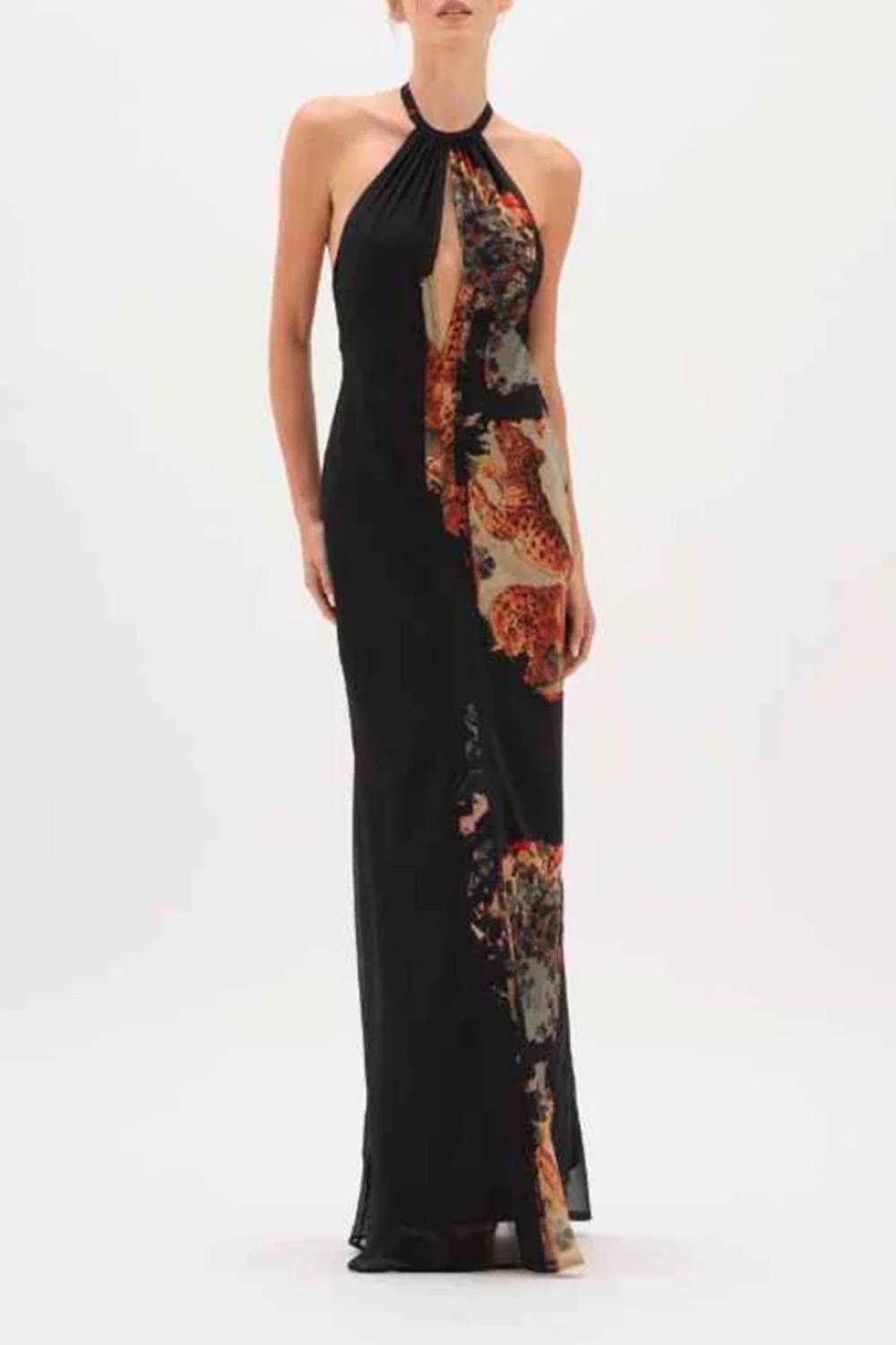 Halter Cutout Maxi Dress Leopard Floral Print Mermaid Long Dress