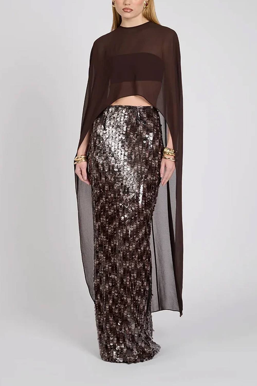 Women Cape Sleeve Sheer Top & Sequin Maxi Skirt Two Piece Set