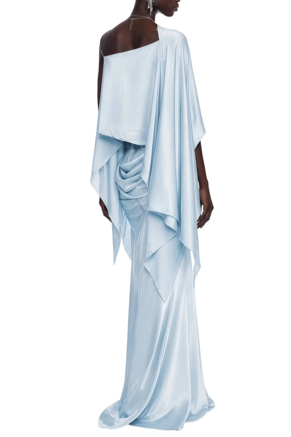 Cape Sleeve Satin Crop Top & Draped Mermaid Maxi Skirt Lace Waist Two Piece Set