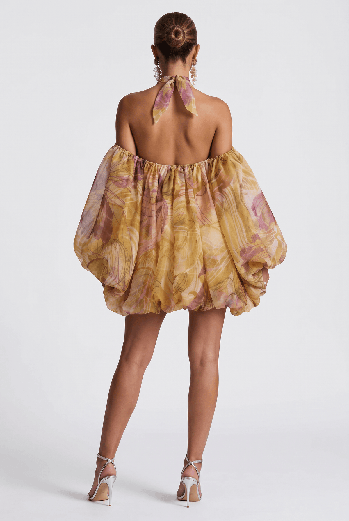 Watercolor Print Hanging Neck Off-shoulder Flower Bud Skirt See-through Bubble Long-sleeved Chiffon Holiday Dress