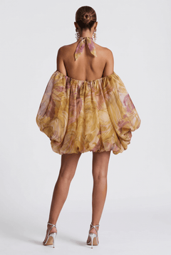 Watercolor Print Hanging Neck Off-shoulder Flower Bud Skirt See-through Bubble Long-sleeved Chiffon Holiday Dress