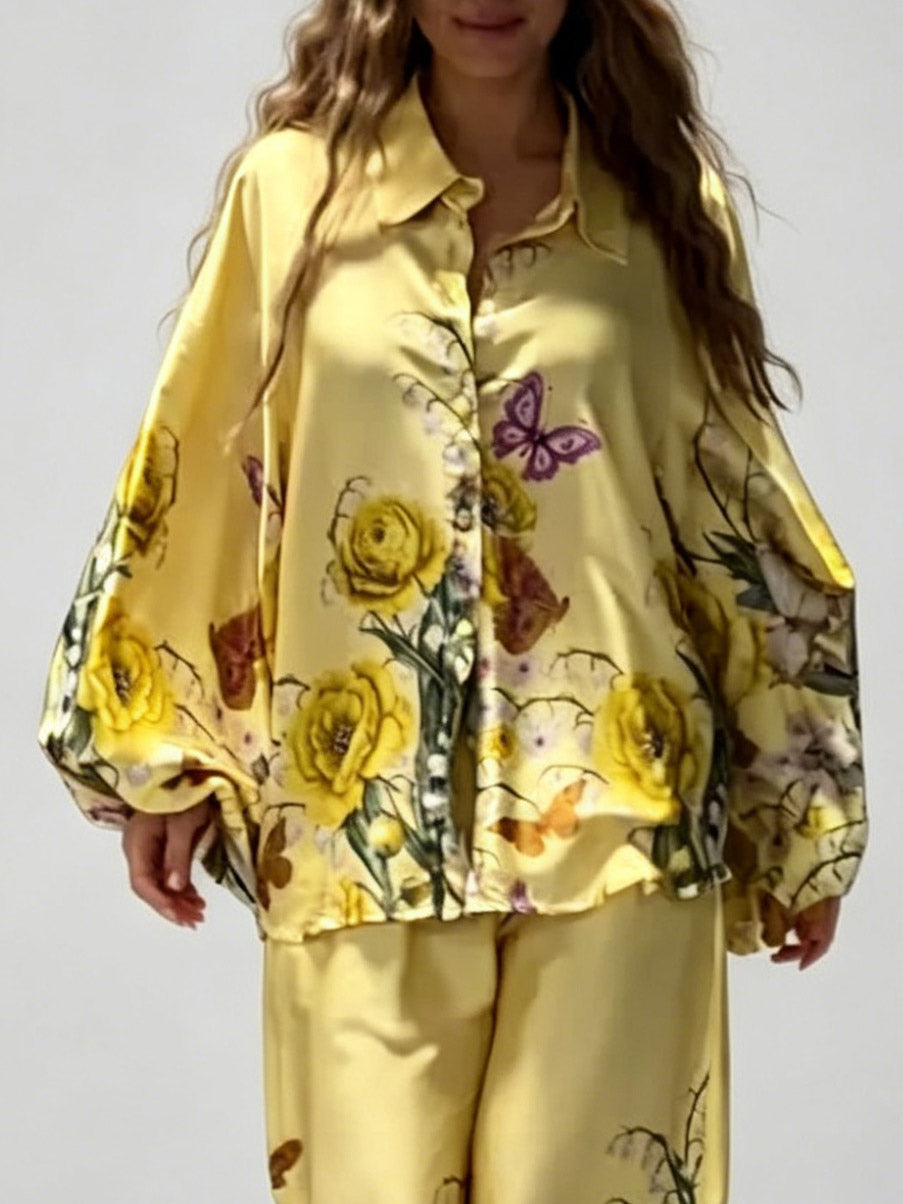 Exquisite Floral And Butterfly Print Satin Shirt