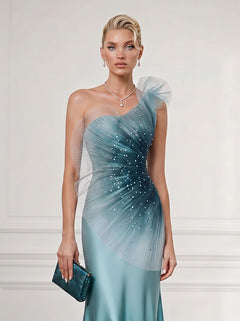 Elegant Gradient One-Shoulder Tulle  Satin Maxi Dress