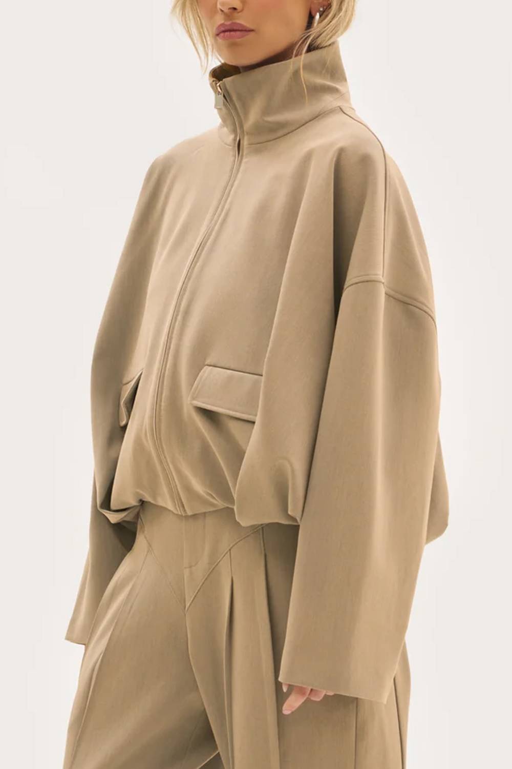 Oversized Stand‑Collar Zip‑Up Pocket Jacket