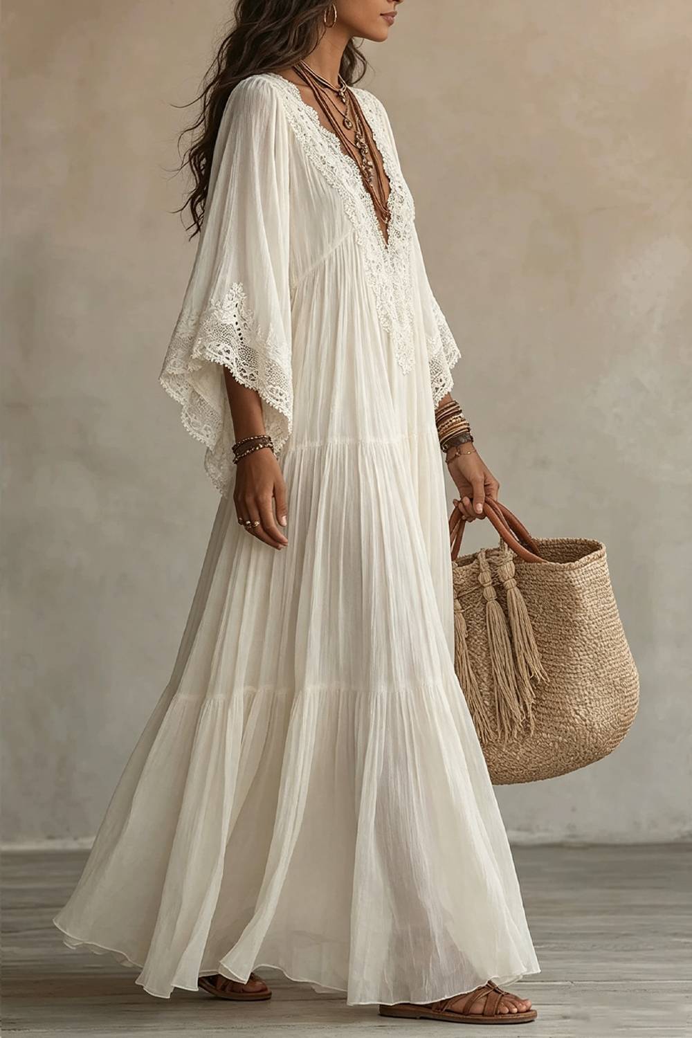 Lace V-neck Trumpet Sleeve Bohemian Long Dress