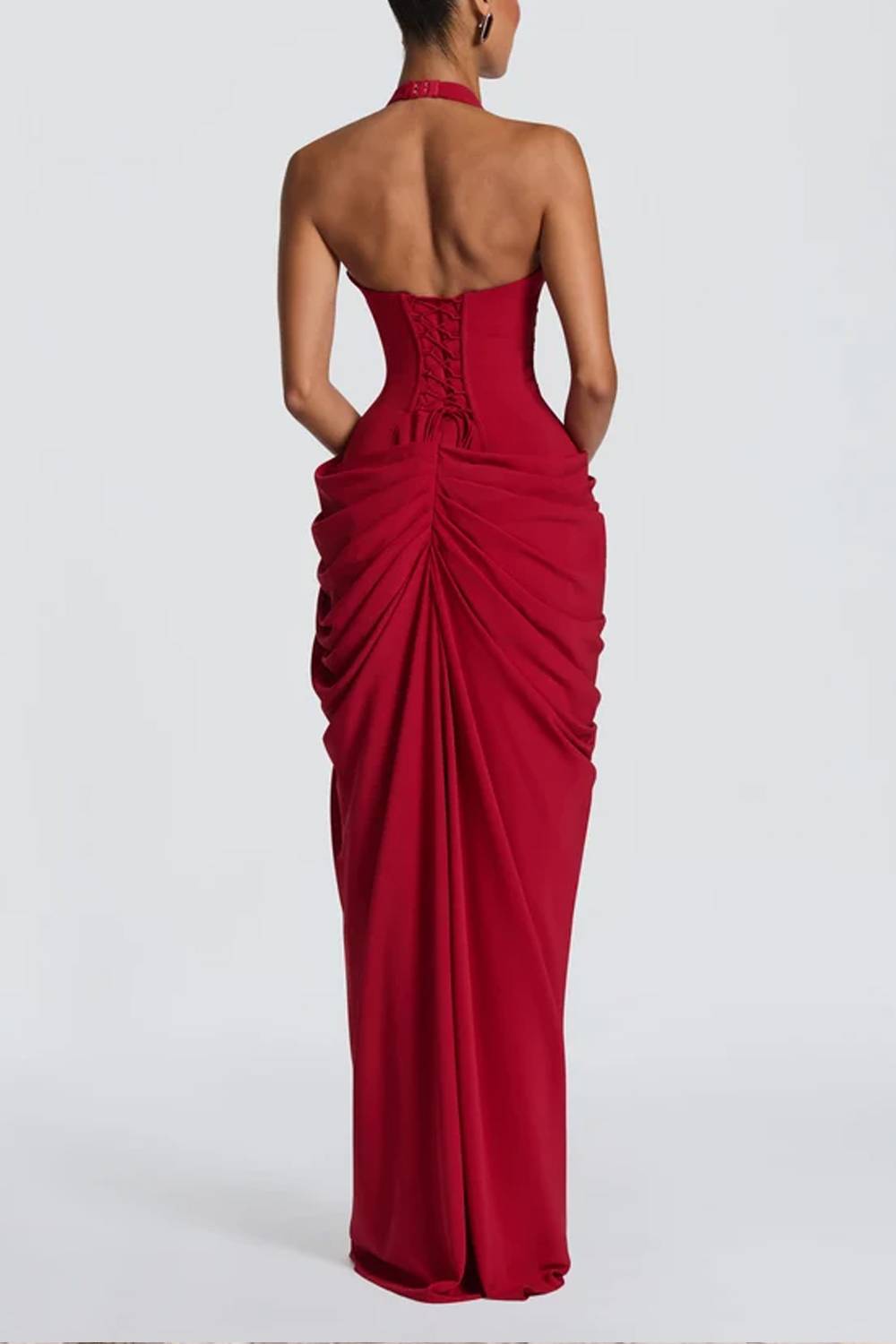 Halter Deep‑V Ruched Waist High‑Slit Maxi Evening Dress