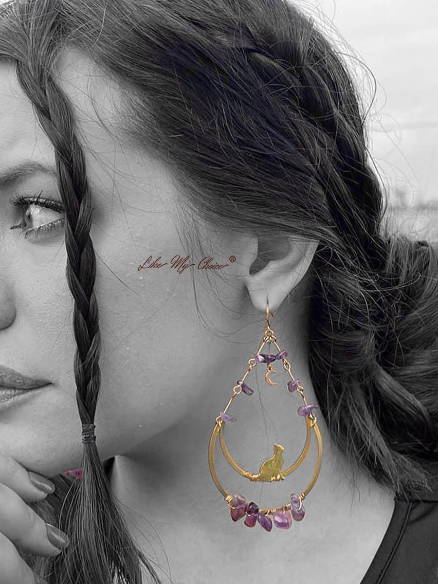 Moon & Cat Amethyst Dangle Boho Earrings-Likemychoice