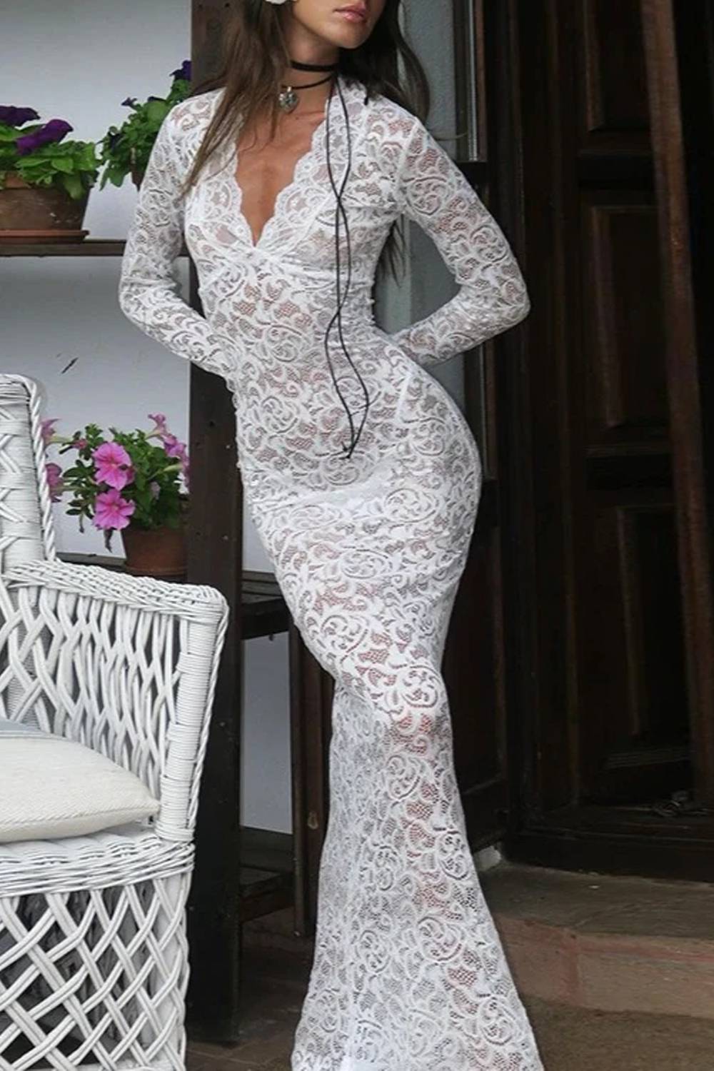 V‑Neck Long Bell Sleeve Lace Sheer Maxi Dress