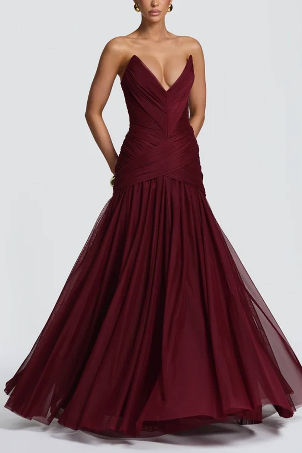 Strapless Deep‑V Ruched Waist Tulle Flowy Maxi Evening Gown