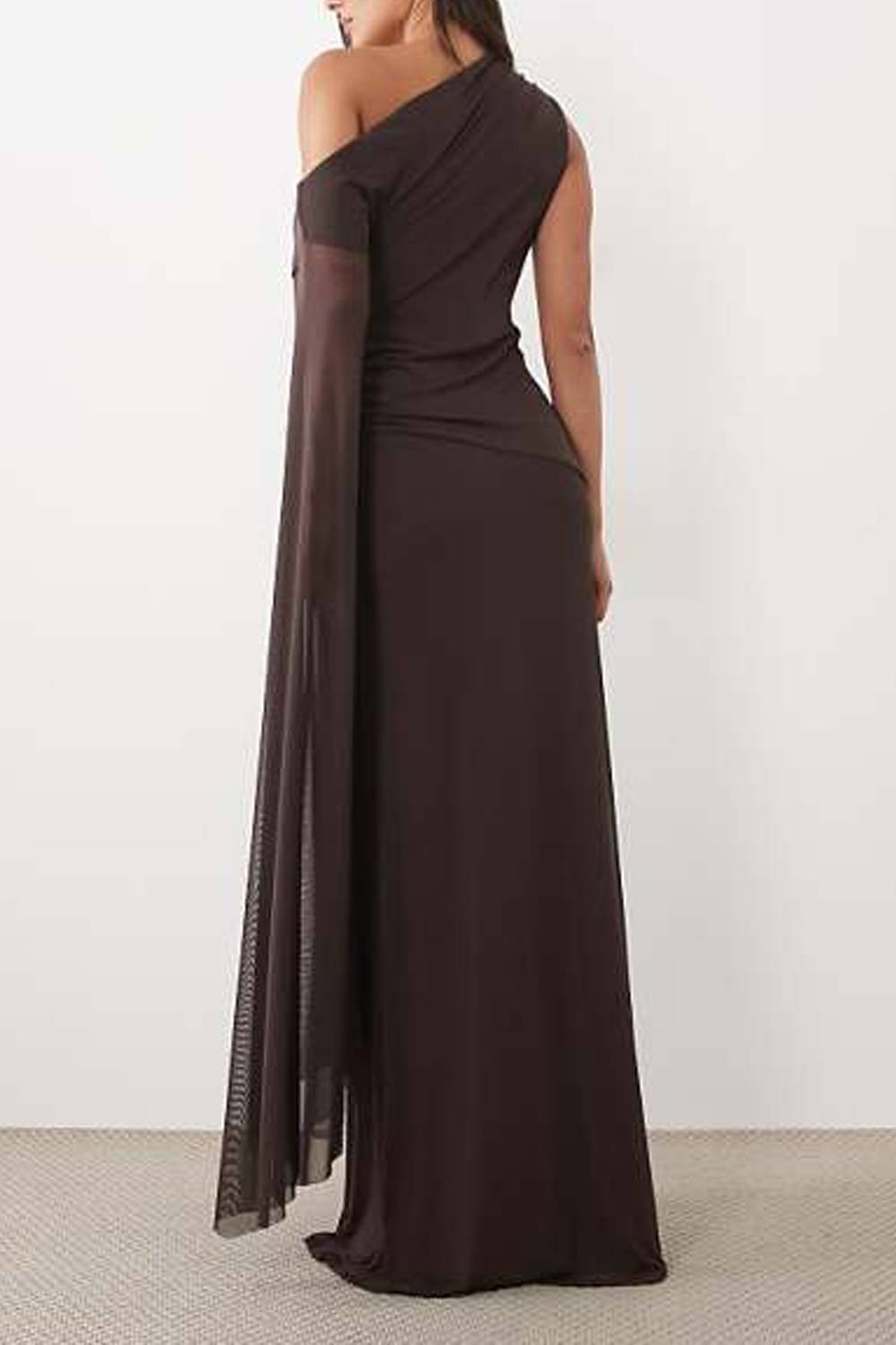 One‑Shoulder Draped Sleeve Ruched Maxi Evening Dress