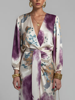 Elegant Watercolor Print Satin Long Sleeve Wrap Top