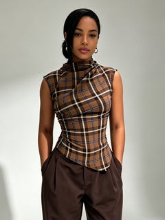 Casual Plaid Pleated Top And Wide-Leg Pants Set
