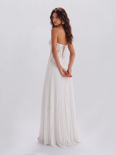 Lace Boom Neck Pleated Long Banquet Dress