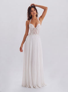 Lace Boom Neck Pleated Long Banquet Dress