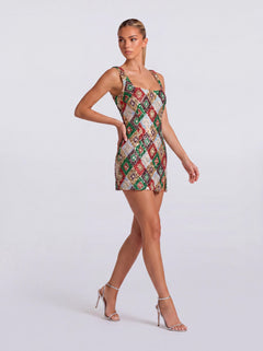 Colorful Diamond Sequin Square Collar Strap Slit Skinny Short Party Dress