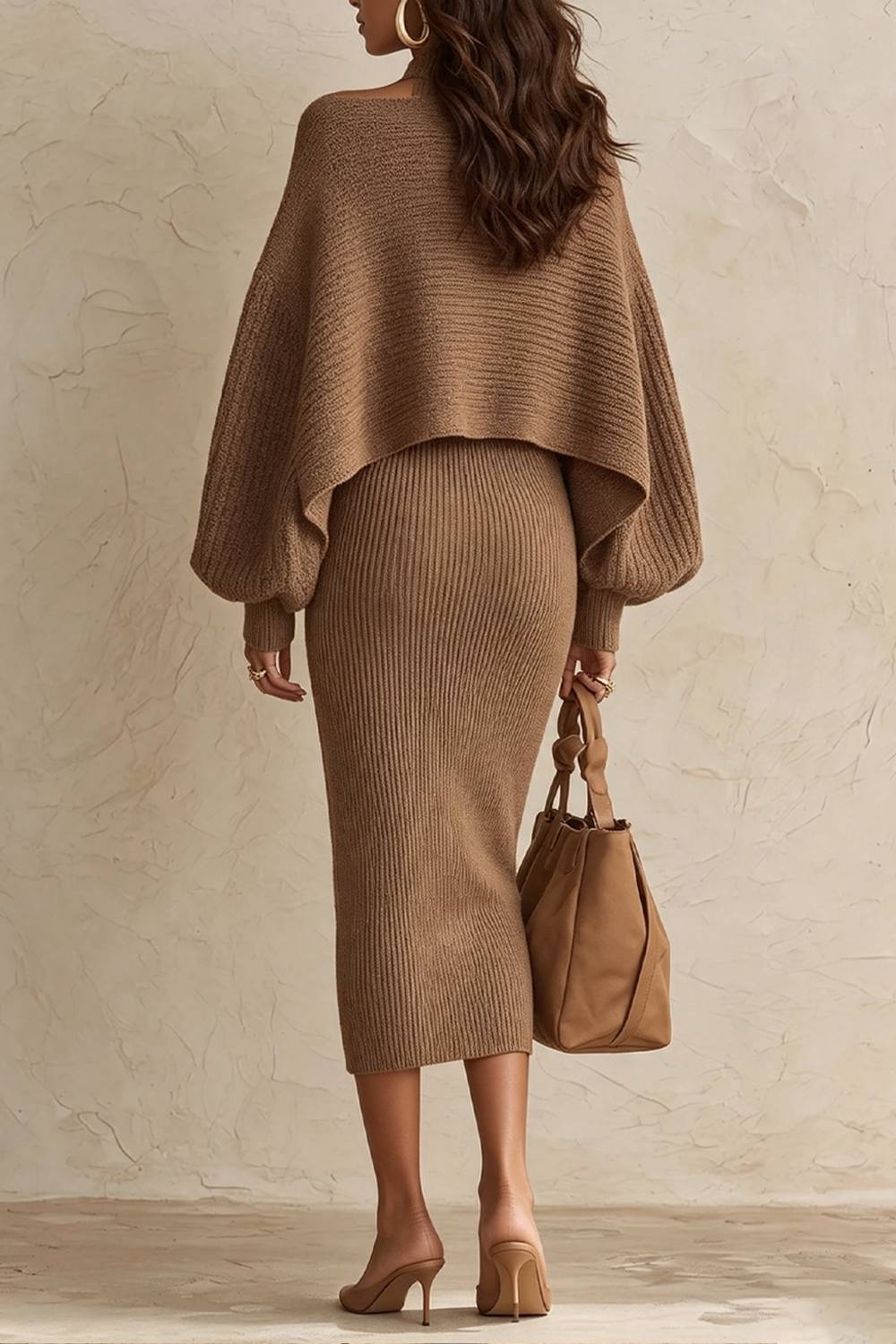 Hanging Neck Knitted Mid-Length Dress Lantern Sleeve Cardigan Two-Piece Set