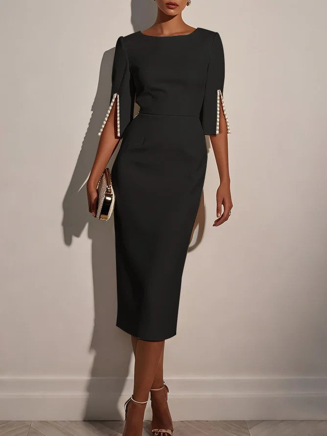 Elegant Round Neck Pearl Short Sleeve Midi Dress-Likemychoice