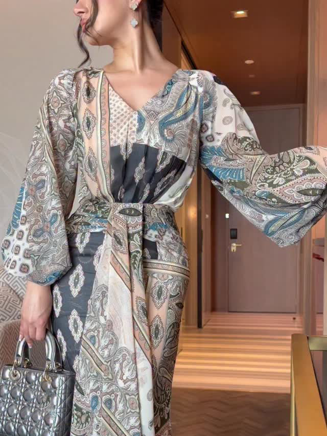 Patchwork Paisley Lantern Sleeve Maxi Dress