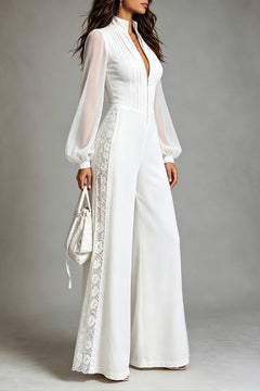 Stand Collar Zip Front Sheer Long Sleeve Lace Panel Wide Leg Jumpsuit