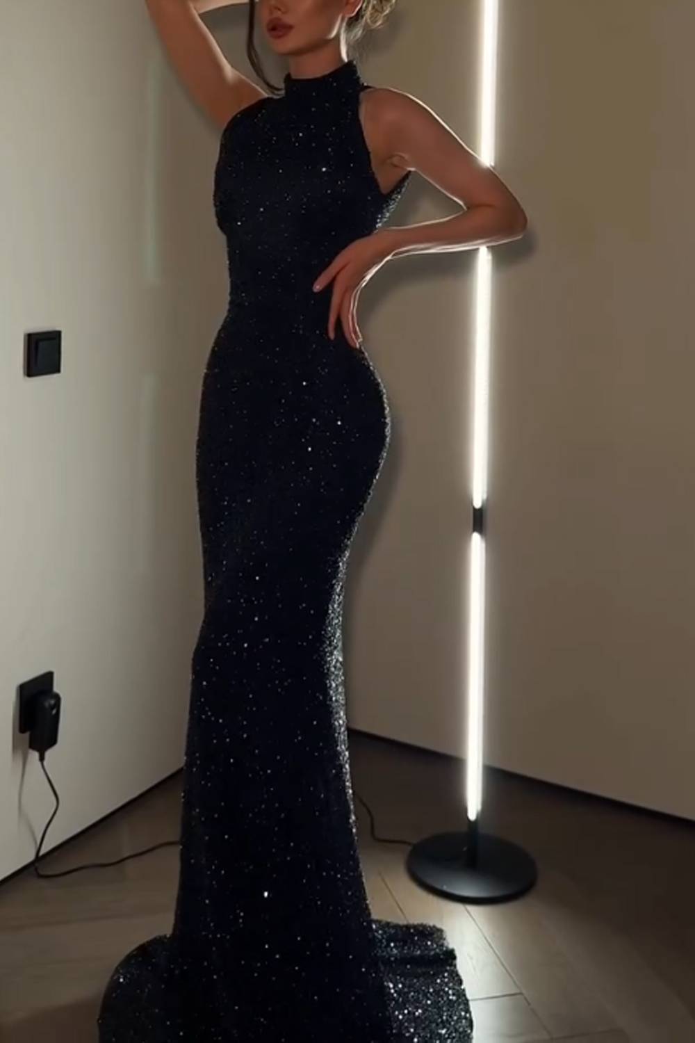 Halter Sequin Mermaid Evening Maxi Dress