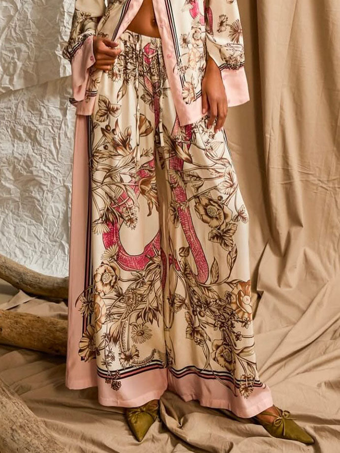 Elegant Floral Print Satin Wide-Leg Pants
