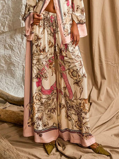 Elegant Floral Print Satin Wide-Leg Pants