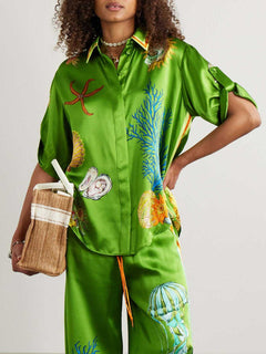 Ocean Print Satin Shirt & Palazzo Pants Two-Piece Set