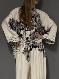 Architectural Print Satin Wide-Leg Pants