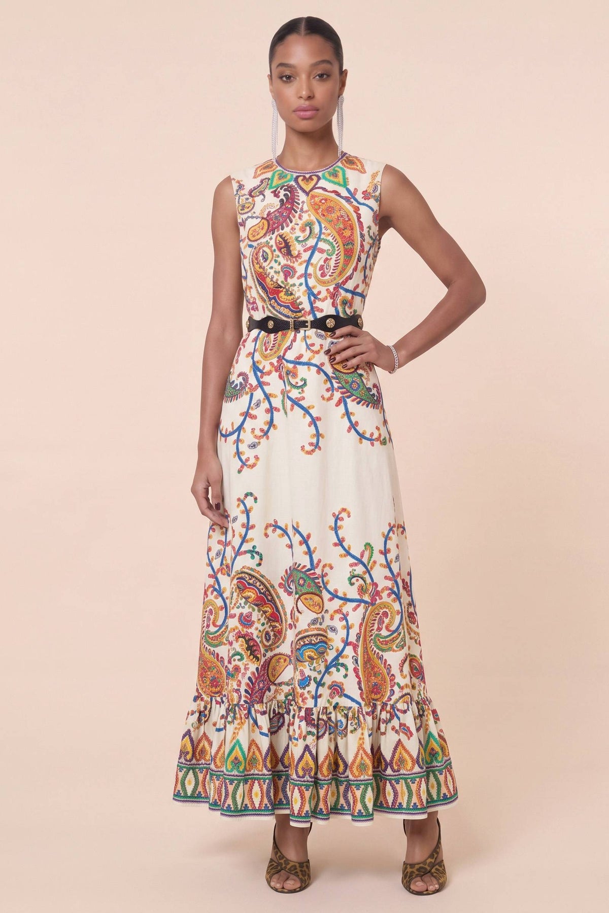 Colorful Cashew Flower Sleeveless Waist Ruffled Long Dress