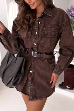 Vintage Washed Brown Denim Button Down Shirt and Mini Skirt Two Piece Set