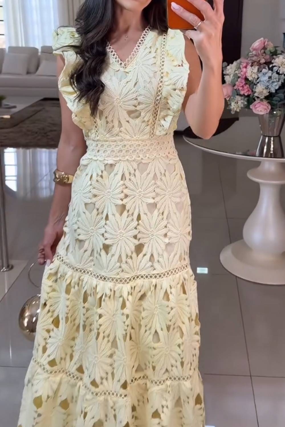V Neck Sleeveless Ruffle Crochet Lace Tiered Maxi Dress