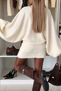 Cream Fuzzy Knit Batwing Sweater and Mini Skirt Two Piece Set