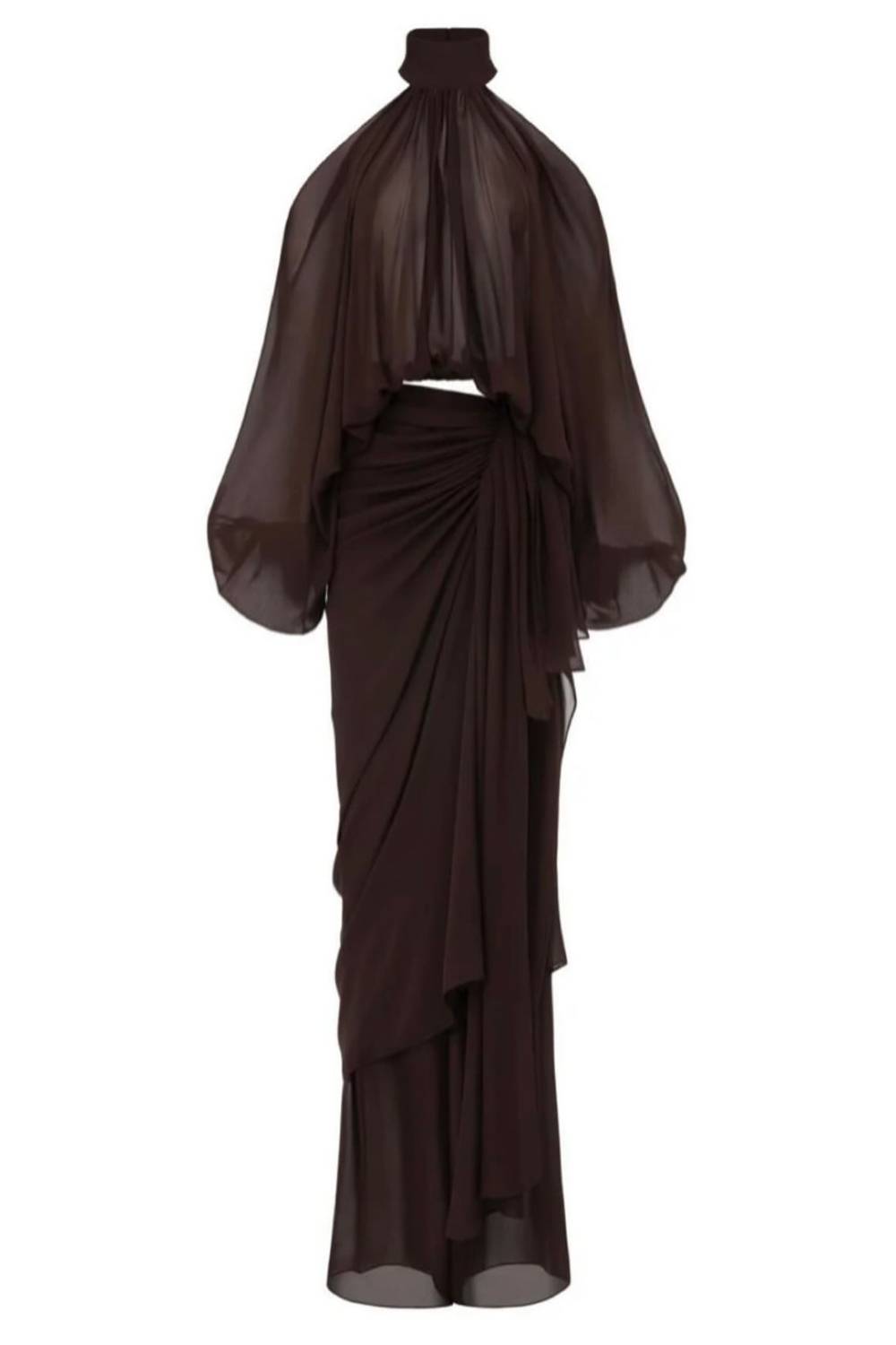 Halter Cold‑Shoulder Blouse & Ruffle Maxi Skirt Two‑Piece Set