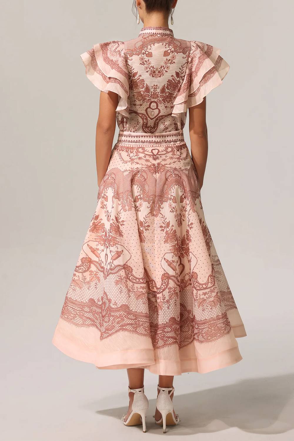Stand Collar Ruffle Sleeve Top A‑Line Midi Skirt Two Piece Set