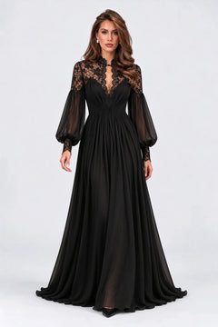 Black Lace Panel Long Lantern Sleeve Floor Length Evening Maxi Dress [erp-image:accb5b6d960bd554e1bcdf7b]