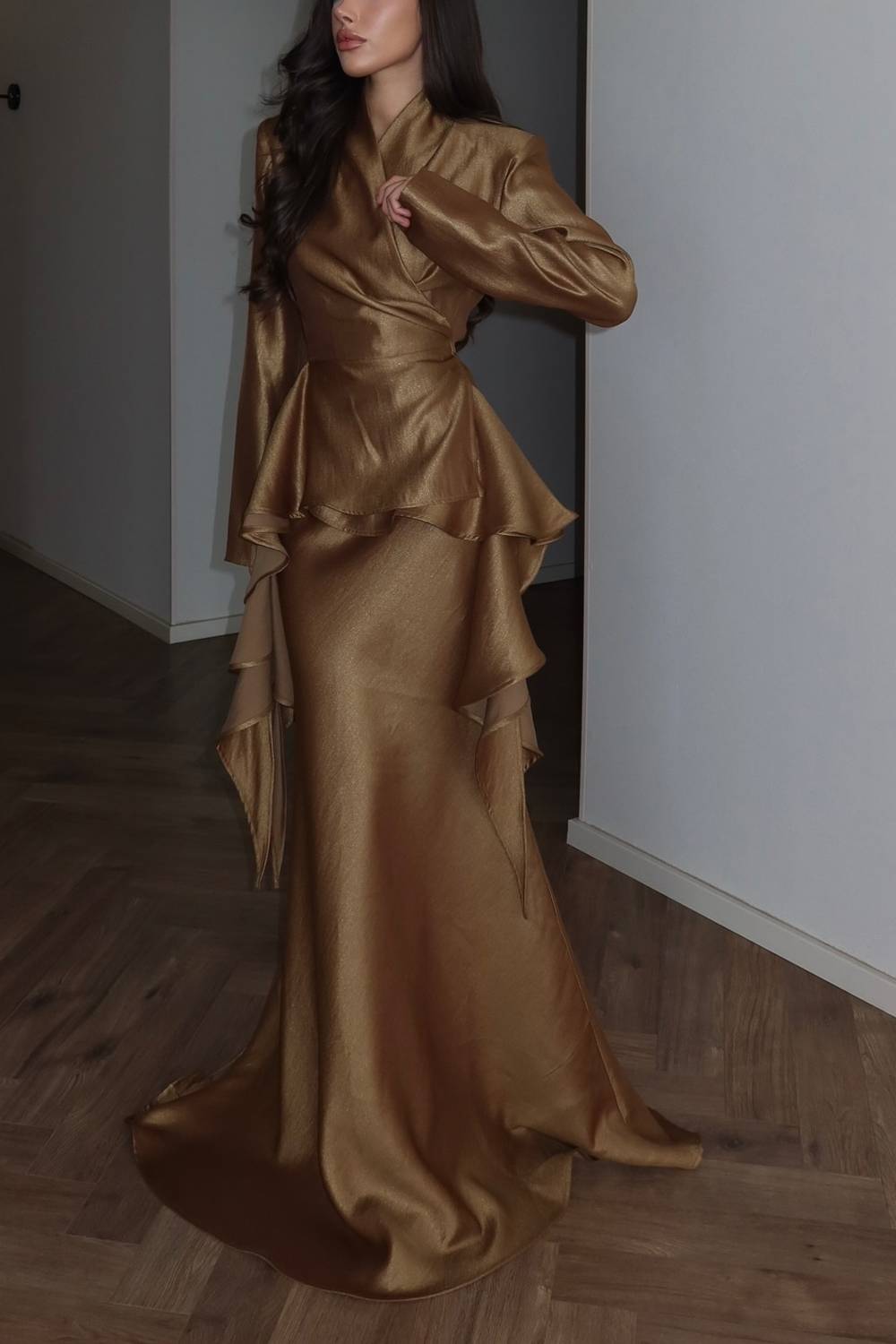 Wrap Ruffled Long Sleeve Top & Mermaid Maxi Skirt Two Piece Set