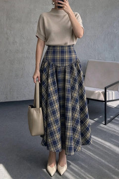 Short Sleeve Mock Neck Knit Top and High Waist Plaid Flared Skirt Two Piece Set