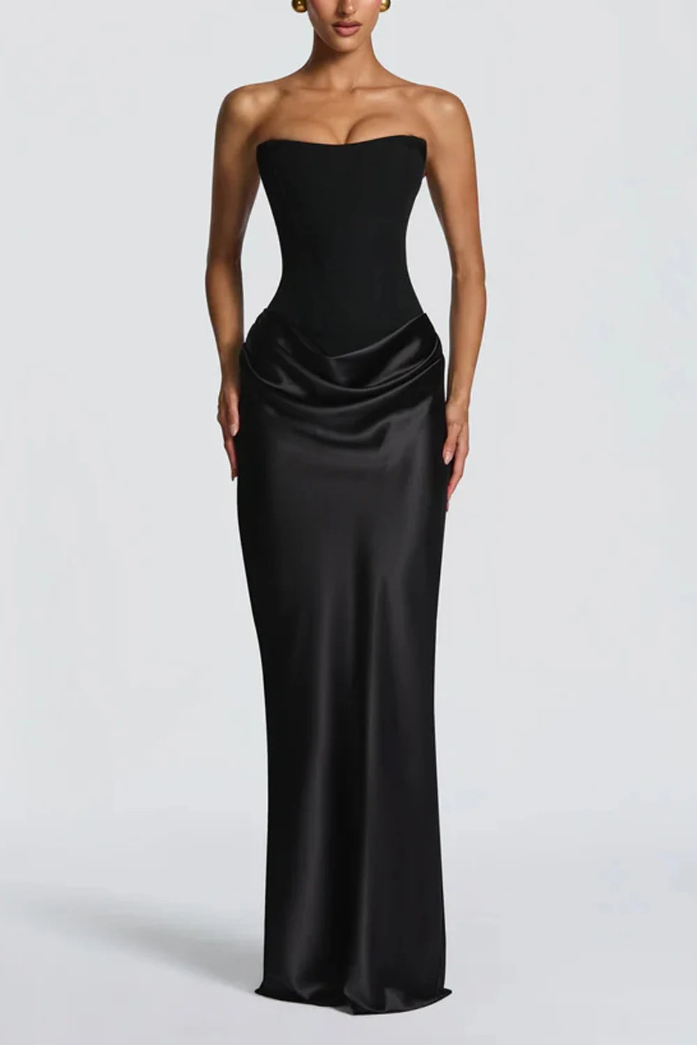Strapless Corset Draped Satin Maxi Dress with Chiffon Neck Scarf