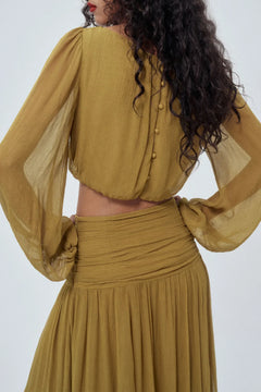 Olive Green Chiffon Long Sleeve Crop Top and Ruched Maxi Skirt Two Piece Set