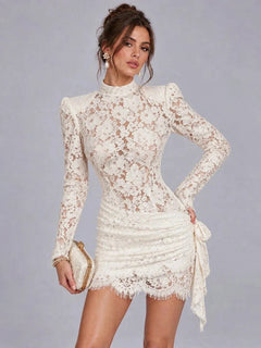 High Neck Long Sleeve Floral Lace Ruched Bodycon Cocktail Mini Dress [erp-image:a8bdd160d31a09bcb02c3b95]