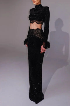Black Sparkle Long Sleeve Crop Top and Maxi Skirt Two Piece Set