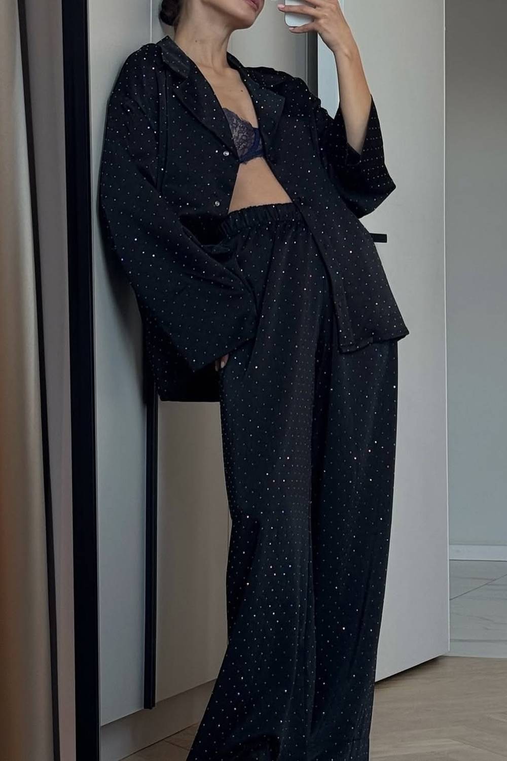 Rhinestone Notched Collar Shirt & Wide Leg Pants Two Piece Set