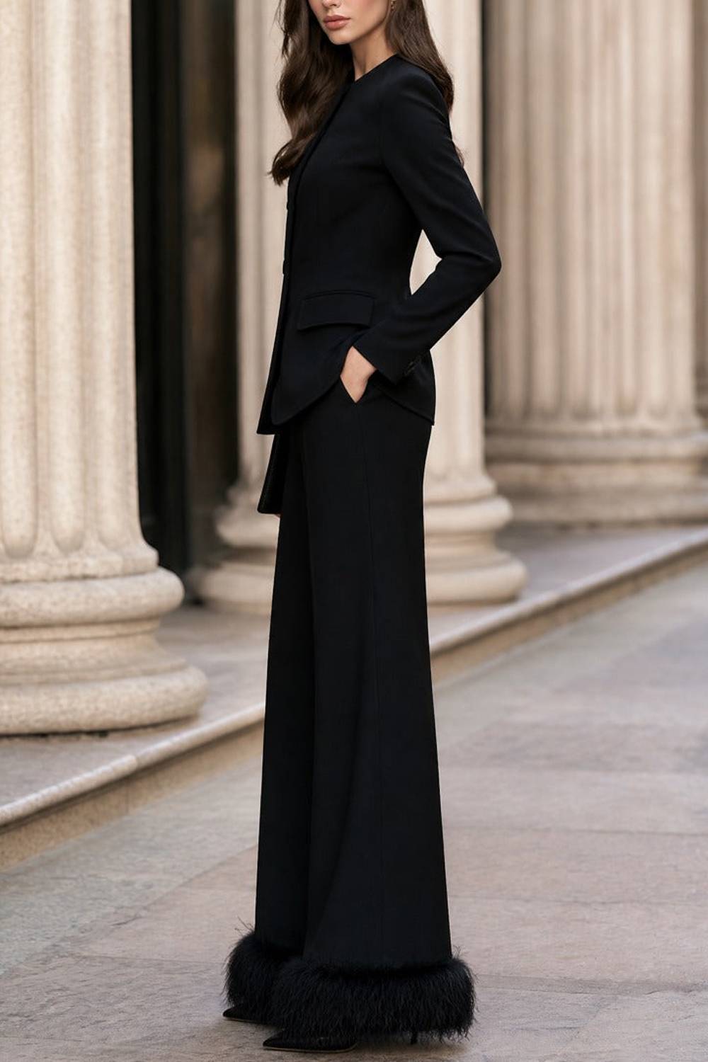 Round‑Neck Tailored Blazer Feather‑Trimmed Wide Leg Pant Set